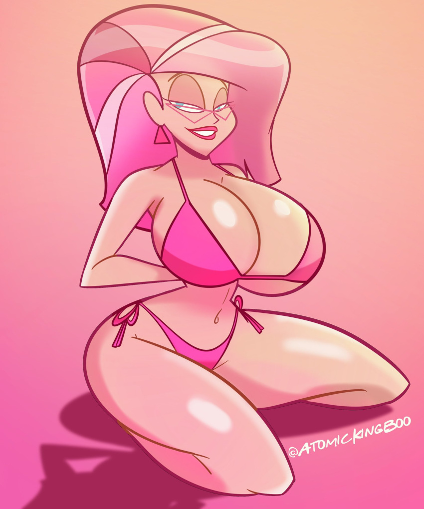 1girls atomickingboo big_breasts big_hair bikini breasts cleavage curvy earrings glasses large_breasts lipstick ms._pink rice_krispies smile thick_thighs voluptuous voluptuous_female wide_hips