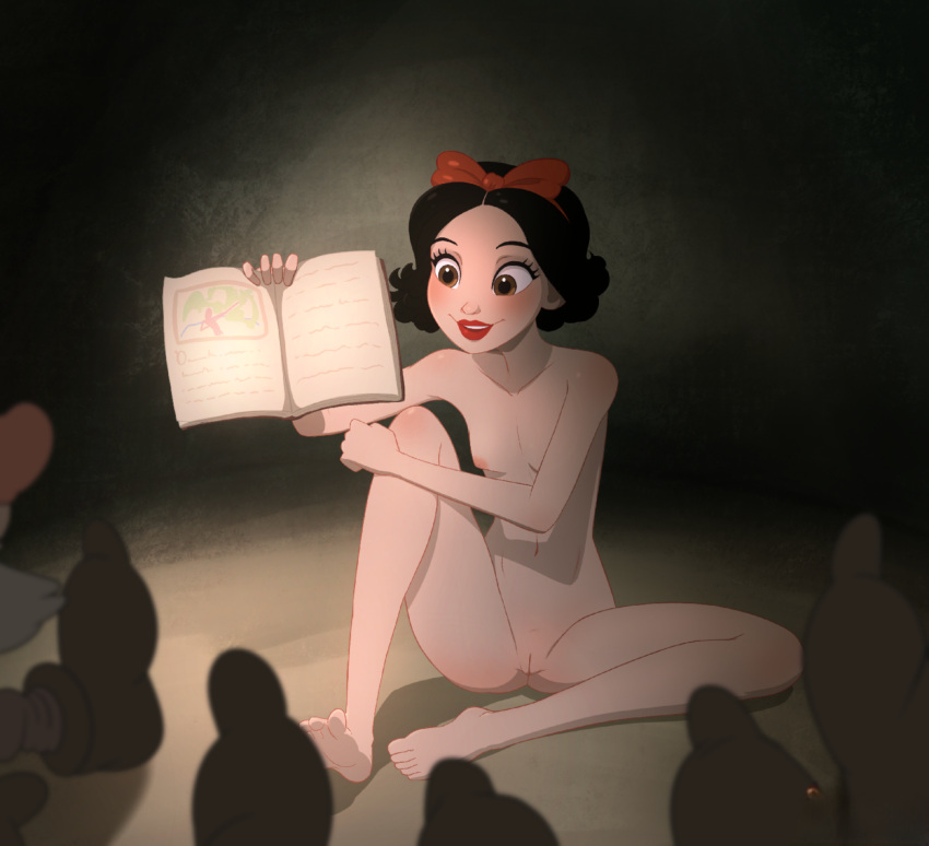 1girls barefoot book casual casual_exposure casual_nudity disney disney_princess feet female human naked nonsexual_nudity nude nude_female pale pale-skinned_female pale_skin red_lipstick sequestro short_hair sitting small_breasts snow_white_(disney) snow_white_and_the_seven_dwarfs toes