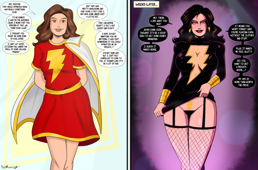 before_and_after boob_window corruption dark_mary_marvel_(character) dc dc_comics female hypnotized mary_batson mary_marvel polmanning pubic_tattoo shazam_(series) superheroine transformation