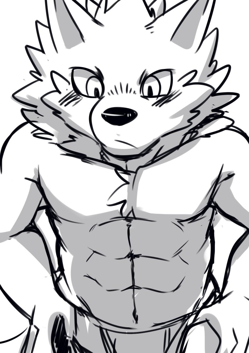 abs anthro blush boxers canine fur furry i_think_i_like_you leon_(i_think_i_like_you) looking_down muscular muscular_male pecs putting_clothes_on saku1saya sketch tight_clothing tight_pants tight_pants_(meme) underwear webtoon wolf