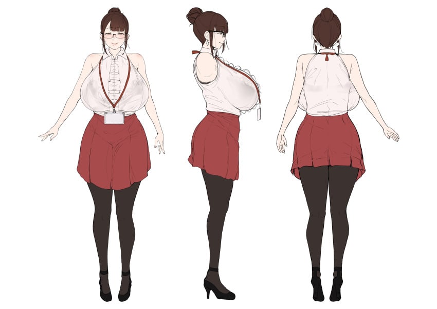 big_breasts breasts brown_hair brunette_hair huge_breasts large_breasts model_sheet pantyhose puzenketsu skirt teacher visible_bra_through_clothes