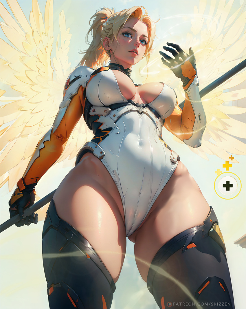 ai_generated angela_ziegler ass_visible_through_thighs blonde_hair blue_eyes bodysuit breasts cleavage from_below holy leotard mercy overwatch ponytail skizzen wings