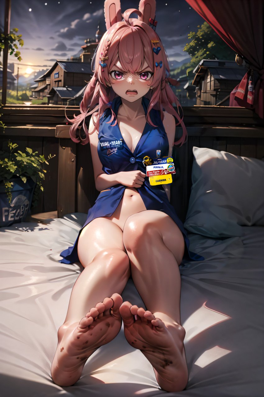 ai_generated angel barefoot bed bombalurina_ai bottomless braid convenient_censoring covering dirty_feet feet footwear indoors on_bed phase_connect phaseorigins pillow pink pink_eyes pink_hair pipkin_pippa rabbit_ears stable_diffusion vest virtual_youtuber vtuber walmart window