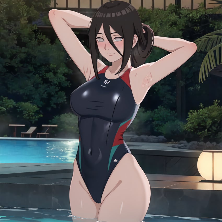 1girls ai_generated big_breasts body_blush boruto:_naruto_next_generations breasts brown_hair competition_swimsuit curvaceous female female_focus highleg_swimsuit holding_hair huge_breasts hyuuga_hanabi legs_together light-skinned_female light_skin looking_at_viewer nai_diffusion naruto naruto_(series) one-piece_swimsuit pale-skinned_female pale_skin playing_with_hair pool poolside purple_eyes smile solo solo_focus stable_diffusion swimsuit tight_swimsuit voluptuous water wet wet_body wet_skin wide_hips