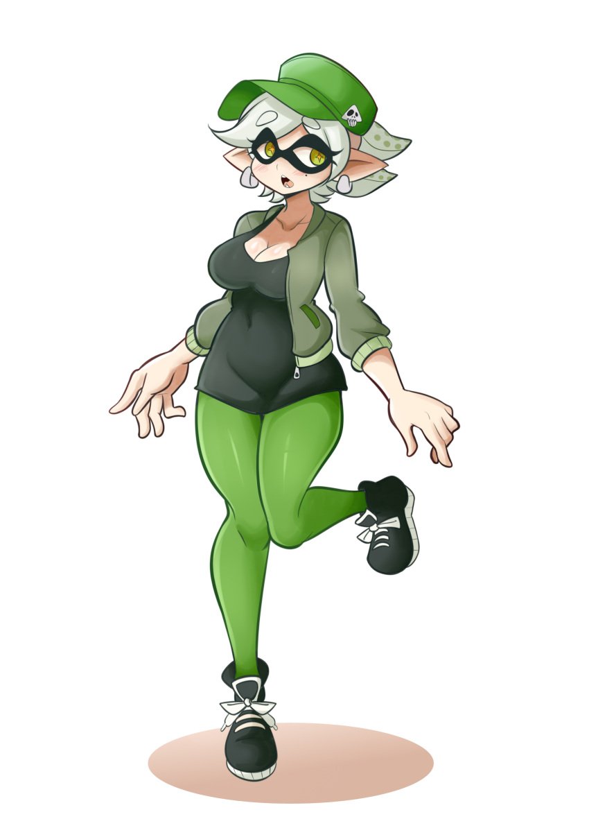 1girls agent_2_(splatoon) alternate_version_available big_breasts breasts casual cleavage earrings female female_only green_legwear hat humanoid inkling jacket lucyfercomic marie_(splatoon) nintendo official_alternate_costume open_mouth solo_female splatoon splatoon_(series) thick_thighs white_hair wide_hips