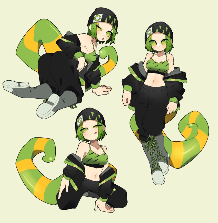 1girls black_pants chameleon chameleon_girl chameleon_girl_(junkzero) chameleon_humanoid chameleon_tail female female_only green_eyes green_hair hat humanoid junkzero light-skinned_female light_skin original_character solo solo_female tagme tail