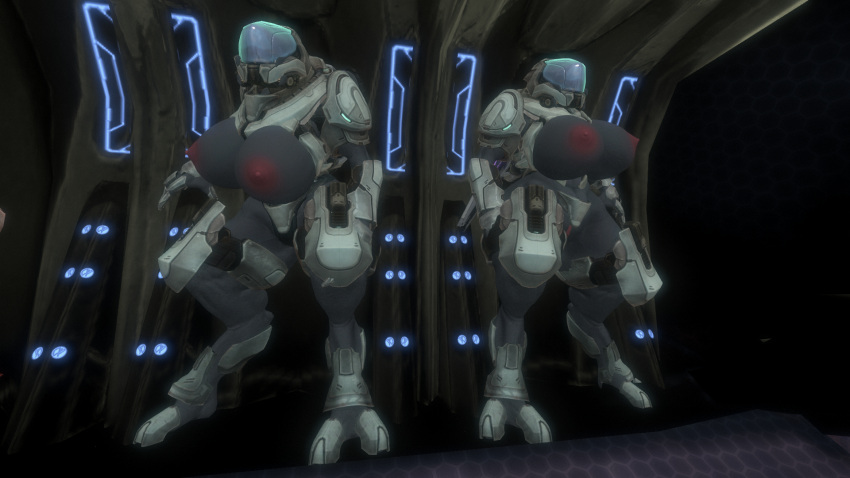 2girls 3d alien_girl areolae armor breasts female_sangheili halo_(series) halo_reach helmet hips holding_weapon huge_breasts large_areolae large_breasts nipples sangheili screencap thick_thighs thighs vagina wide_hips