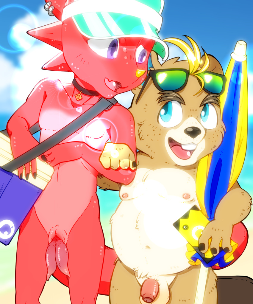 2_penises animal_crossing animal_genitalia animal_penis anthro beach beaver belly blonde_hair blue_eyes brown_body brown_fur c.j._(animal_crossing) chameleon diphallia diphallism duo eyewear flaccid flick_(animal_crossing) foreskin freckles fur genitals hair hemipenes hi_res lizard male male/male mammal mujina_uranoya multi_genitalia multi_penis navel nintendo nude nude_beach penis red_body red_scales reptile rodent scales scalie seaside slightly_chubby sunglasses