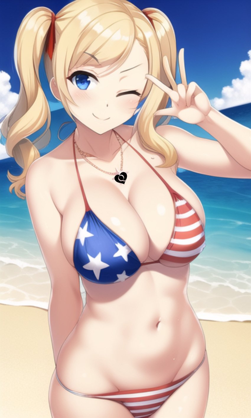 ai_generated american_flag_bikini ann_takamaki beach bikini bikini_bottom bikini_top blonde_hair blue_eyes light-skinned_female necklace novelai one_eye_closed peace_sign persona persona_5 pov queen_of_hearts xdk141