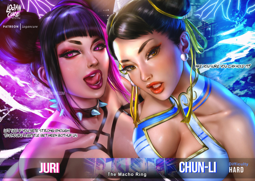 2girls asian asian_female big_breasts brown_eyes capcom chinese chinese_female chun-li cleavage dialogue drill_hair english english_text exposed_shoulders female female_only hair_buns imminent_sex juri_han korean korean_female licking_lips lips lipstick logan_cure looking_at_viewer purple_eyes spiked_collar street_fighter street_fighter_6 tagme taunting text tongue tongue_out