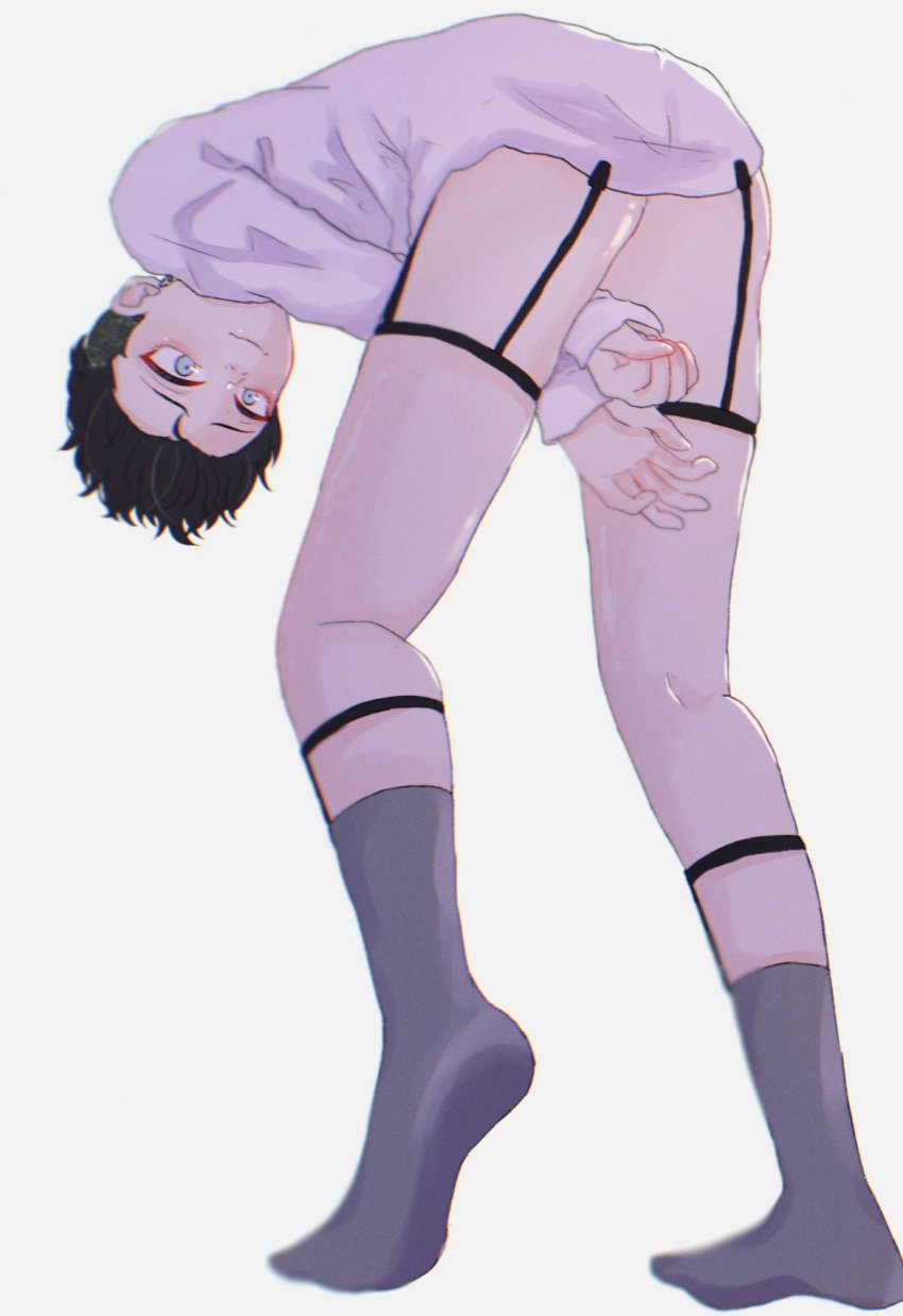 bent_over black_socks chifuyu_matsuno garter garter_straps garters gay hands_between_legs knee_socks kneehighs kneesocks male_focus male_only partially_clothed piercing socks tokyo_revengers twink