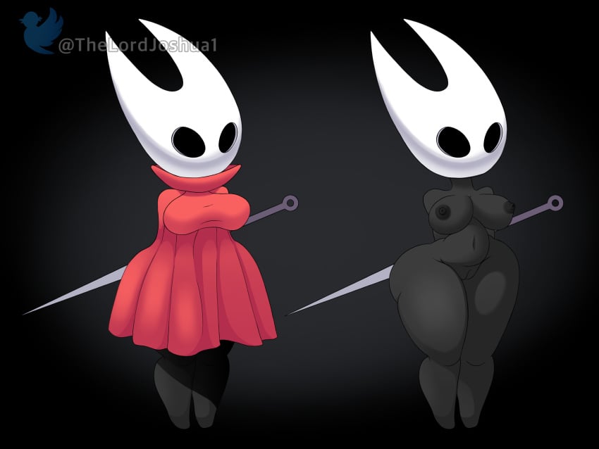 absurd_res anthro arachnid areola arthropod belly black_background black_nipples breasts clothed clothed/nude clothing curvy_female curvy_figure dark_body dress female female_focus genitals hands_behind_back hi_res hollow_knight hornet_(hollow_knight) mask melee_weapon navel nipples nude pussy red_clothing red_dress short_stack shortstack simple_background solo spider sword team_cherry thelordjoshua thelordjoshua1 thick_thighs watermark weapon white_mask wide_hips