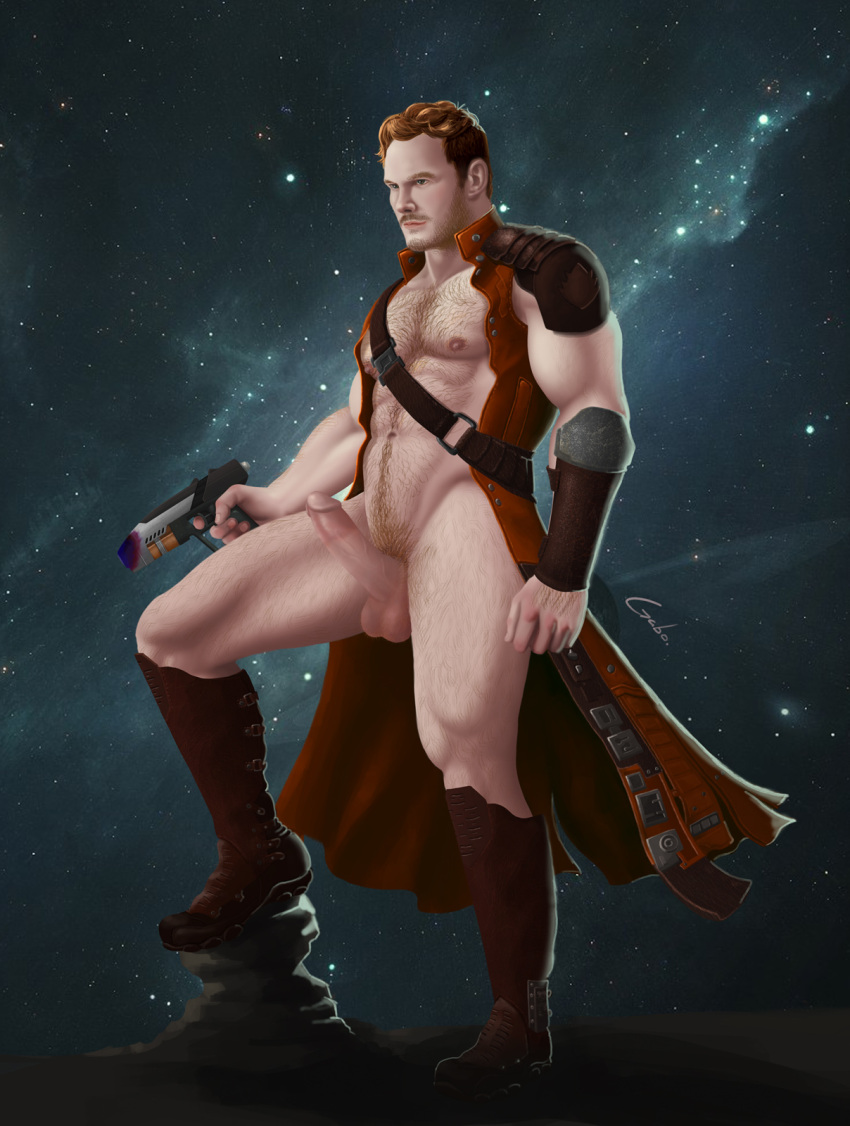 1boy abs bara beard biceps big_balls big_bulge big_penis boots bulge chris_pratt clothing completely_nude erection facial_hair gabo_artist gay guardians_of_the_galaxy hairy hairy_arms hairy_chest hard_on hi_res highres male male_focus male_only male_pubic_hair marvel marvel_cinematic_universe muscles muscular muscular_arms muscular_legs muscular_male muscular_thighs nipples nude penis peter_quill solo solo_male starlord vein veiny_penis weapon