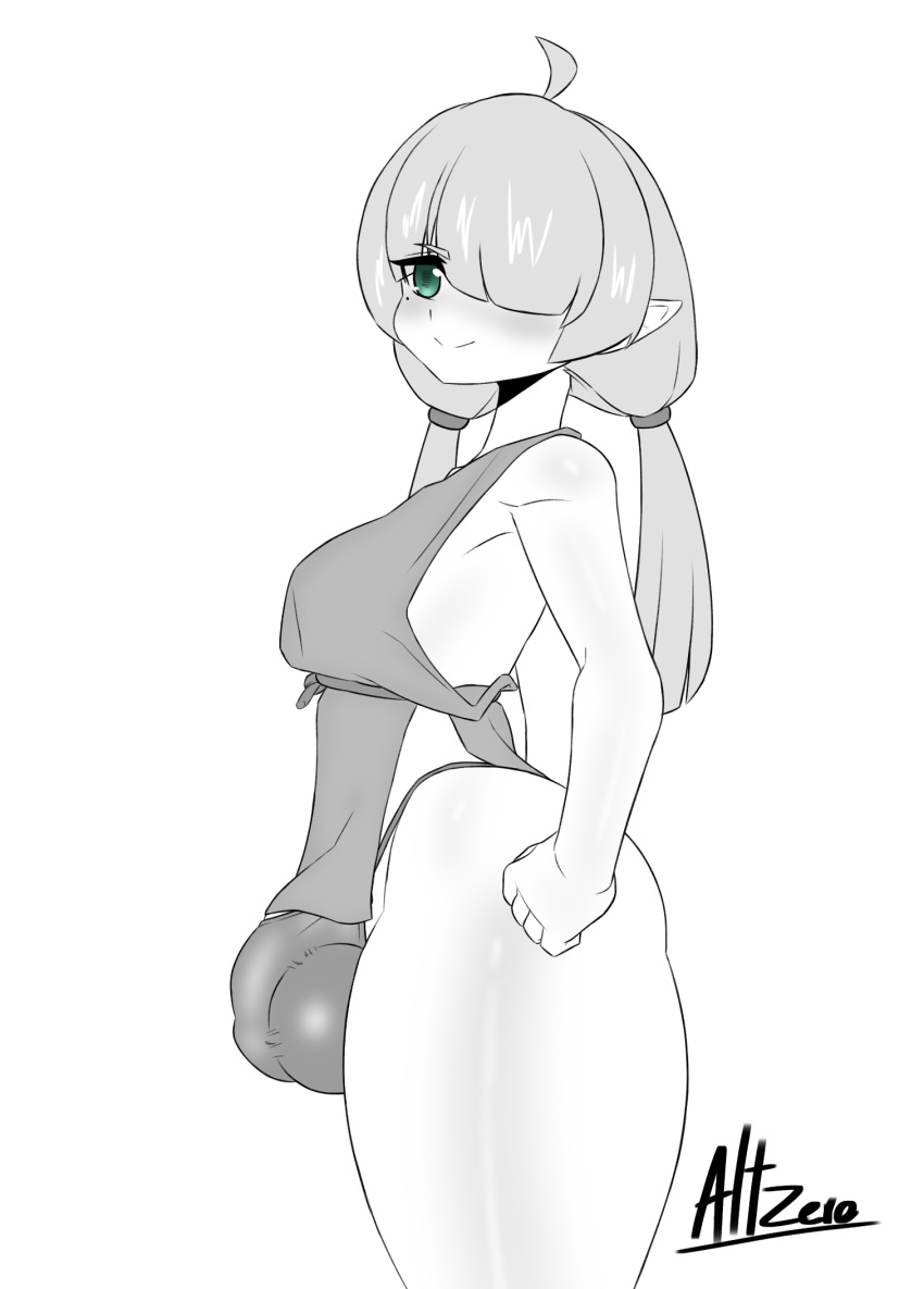 1futa altzero balls_in_panties big_ass big_balls big_breasts black_and_white breasts bulge bulge_grab clothed clothing futa_only futanari green_eyes greyscale horny human mostly_nude oc original_character panties partially_colored penis precum short_hair solo standing thick_thighs thighs wide_hips