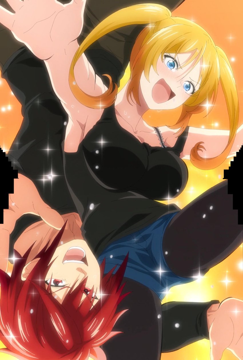 1boy 1girls akagami_akemitsu blonde_hair blue_eyes blush breasts clothing large_breasts mia_christoph open_mouth red_eyes red_hair screencap shorts stitched tenpuru thighs