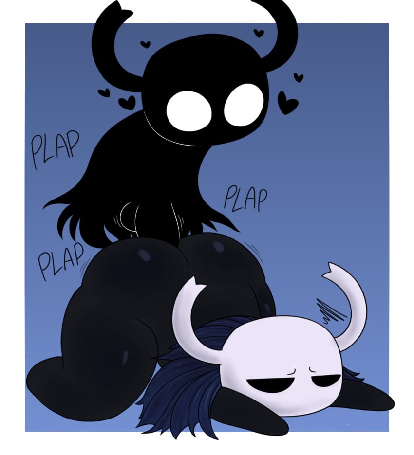 ambiguous_gender annoyed anthro arthropod ass big_ass big_butt black_body cloak cloak_only clothing doggy_style duo from_behind_position gay genitals heart hi_res hollow_knight horn male male/male penis protagonist_(hollow_knight) selfcest sex shade_(hollow_knight) shell stones team_cherry thick_thighs throbbing throbbing_penis zlut385