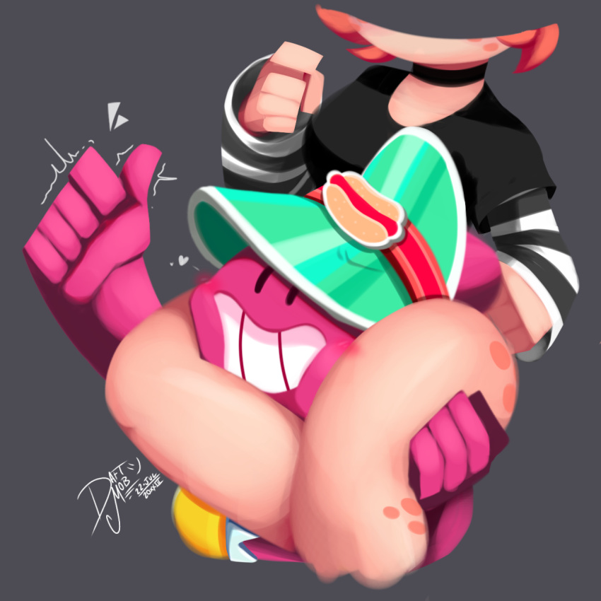 5_fingers anthro blush brawl_stars daftmob dinosaur doug_(brawl_stars) freckles head_between_thighs lineless nine_(daftmob) out_of_breath pink_body scalie squeezing striped_clothing thick_legs thick_thighs thighs thumbs_up xlyinerror