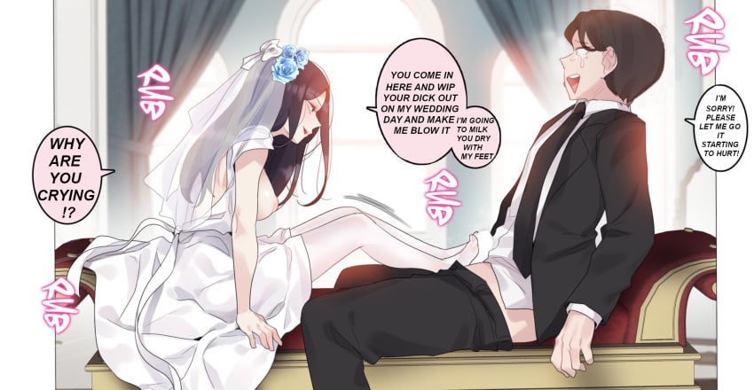 1boy 1girls a_perverts_daily_life aggressive alice_crazy cheating cheating_on_wedding_day cheating_wife church crying cuckold ed-orter edit english_text footjob manhwa netorare ntr post_orgasm post_orgasm_torture sitting_on_chair stockings text text_bubble underling wedding wedding_attire wedding_dress