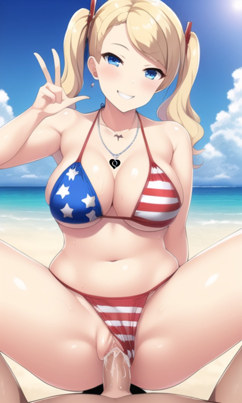 ai_generated american_flag_bikini ann_takamaki beach bikini bikini_bottom bikini_top blonde_hair blue_eyes cowgirl_position light-skinned_female novelai panties_aside peace_sign persona persona_5 pov queen_of_hearts sex vaginal_penetration xdk141