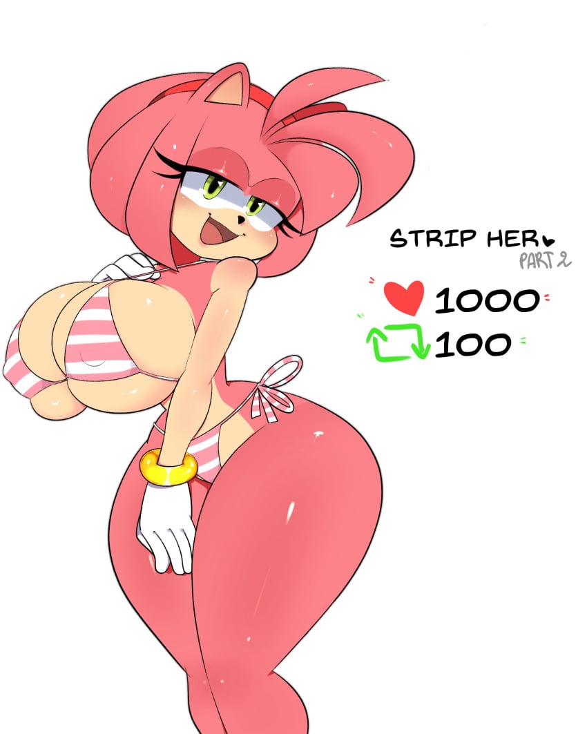 amy_rose anthro big_breasts bikini blush bracelet breasts clothed clothing eulipotyphlan female furry gloves green_eyes hair_ornament headband heart hedgehog mammal mishythesheep nipple_bulge partially_clothed pink_fur pink_hair sega sonic_(series) strip_game striped_bikini thick_thighs wide_hips