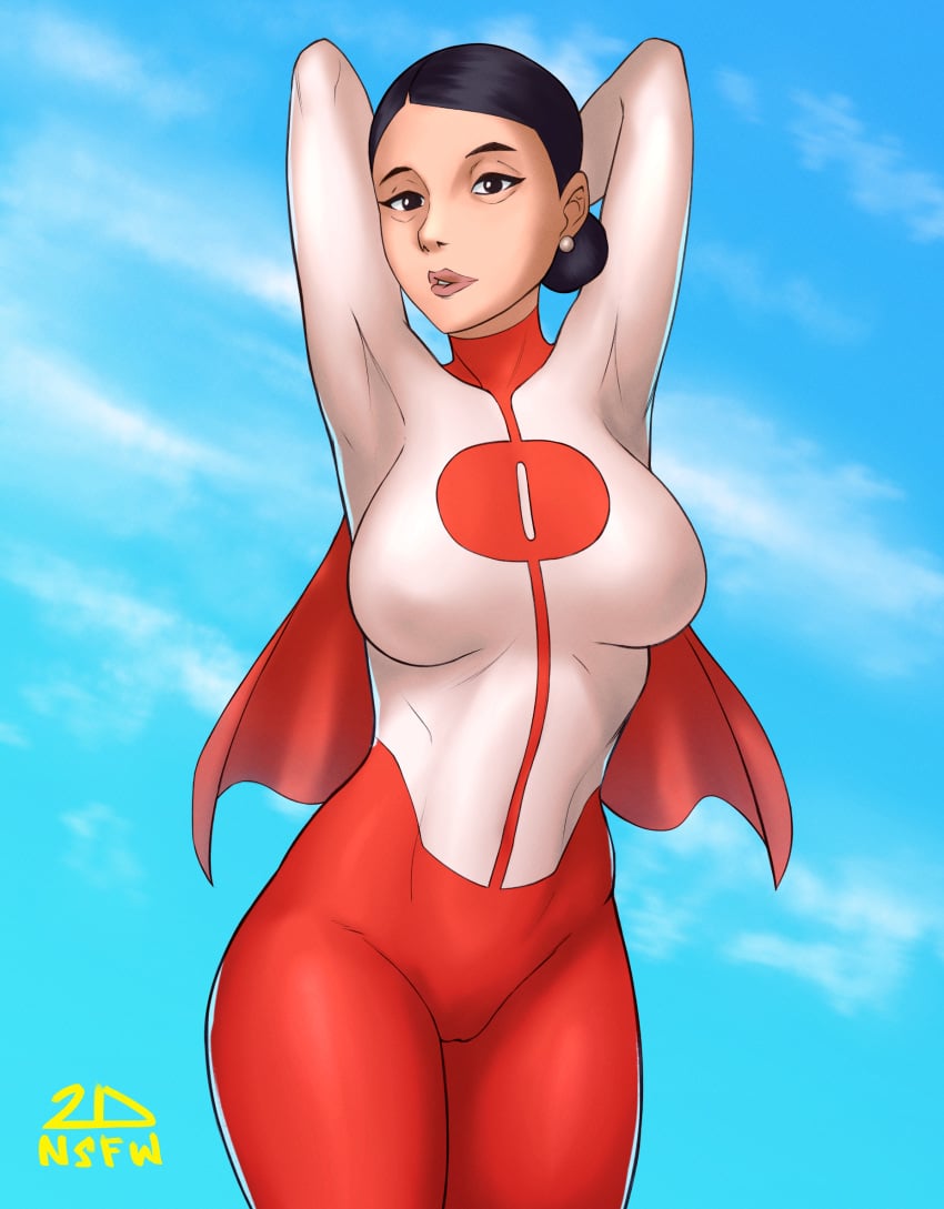 2dnsfw 2dswirl asian asian_female big_breasts black_hair clothed debbie_grayson deborah_grayson earrings female female_only human human_only invincible invincible_(tv_series) light-skinned_female light_skin mature mature_female milf omni-man_(cosplay) solo solo_female suit superhero superheroine voluptuous voluptuous_female wide_hips