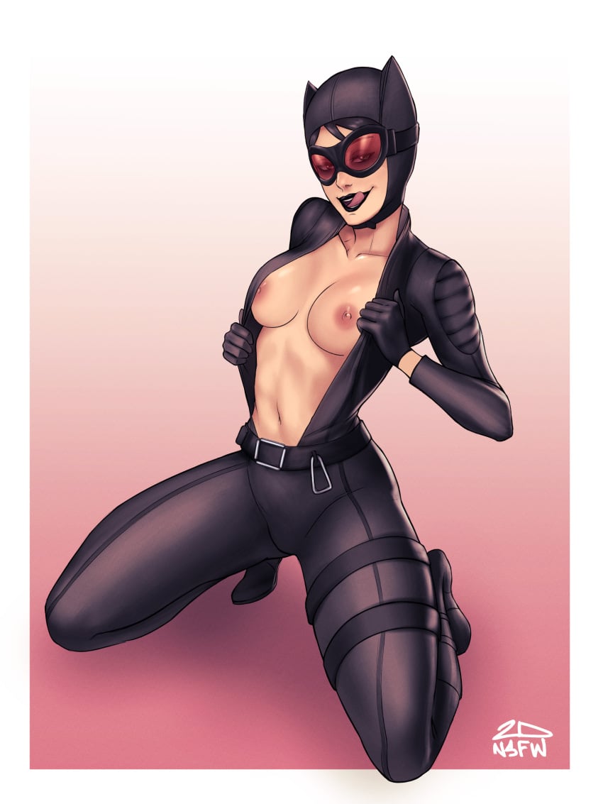 2dnsfw 2dswirl areola areolae batman:_the_telltale_series batman_(series) big_breasts black_hair breasts catwoman catwoman_(telltale) clothed cowl dc_comics exposed_breasts female female_only googles licking_lips light-skinned_female light_skin open_topwear selina_kyle telltale_games