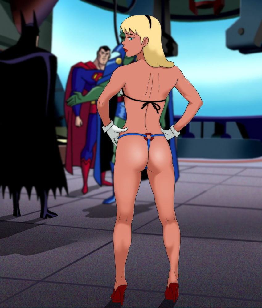 anaxus arm_at_side ass back_view batman batman_(bruce_wayne) batman_(series) bruce_wayne dc dc_comics female_focus heels high_heels looking_at_viewer looking_back male rear_view standing supergirl supergirl_(dcau) supergirl_(series) superman superman_(series) thong