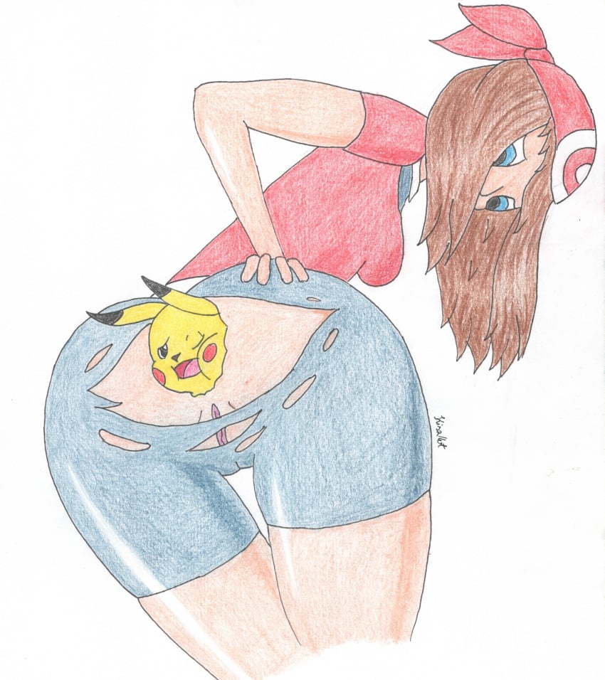 absurd_res anal anal_vore bandana blue_eyes brown_hair camel_toe clothed clothing duo female female_pred feral fur generation_1_pokemon genital_outline genitals hair hi_res human kerchief kiszkot leggings legwear light_body light_skin male male/female male_prey mammal may_(pokemon) nintendo pikachu pokemon pokemon_(species) pokephilia pussy pussy_outline rear_view shorts signature simple_background small_breasts torn_clothes torn_clothing unwilling_prey vore yellow_body yellow_fur