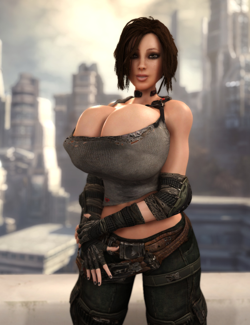 1girls 3d 3d_(artwork) alternate_breast_size breasts_bigger_than_head bulletstorm cleavage cleavage_overflow clothed clothed_female electronic_arts epic_games female female_only female_solo fingerless_gloves gigantic_breasts gloves huge_breasts human human_female human_only human_solo midriff nipple_bulge people_can_fly solo solo_female trishka_novak vaako