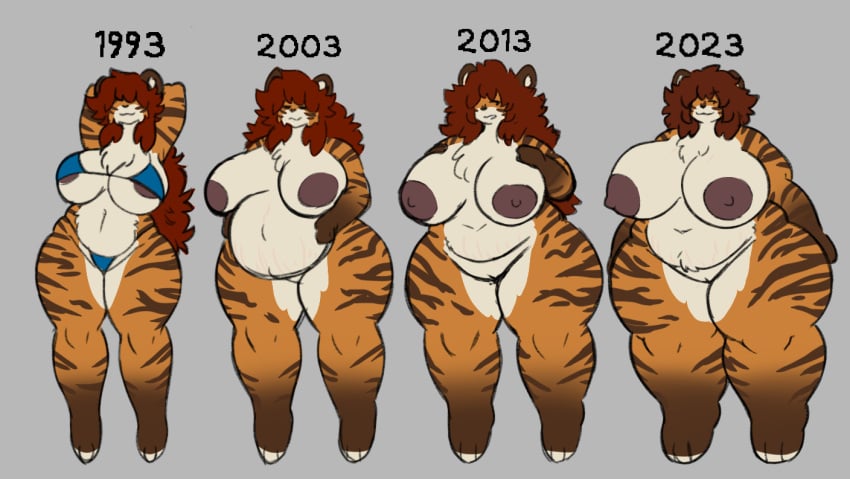 age_progression anthro areola belly big_belly big_breasts biped breasts curvy_figure digital_drawing_(artwork) digital_media_(artwork) edith_(mexifurfoof) felid feline female fur furry genitals hair huge_breasts mammal mature_female mexifurfoof model nipples nude overweight pantherine pregnant pregnant_female progression pussy sequence simple_background smile solo striped_body stripes tail text thick_thighs tiger voluptuous weight_gain wide_hips