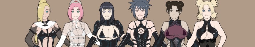 6girls alternate_costume ass_grab breasts clothed clothing female female_only haruno_sakura hyuuga_hinata implied_ass_grab ino_yamanaka looking_at_viewer mitarashi_anko multiple_girls naruto naruto_(series) naruto_shippuden sakura_haruno slutty_outfit smiling standing temari tenten torikku95 yamanaka_ino