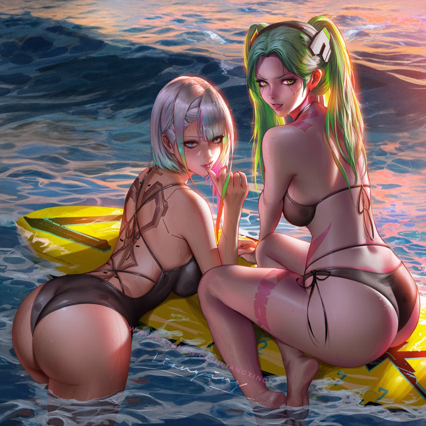 2girls ass ass_focus beach big_ass big_breasts cd_projekt_red cybernetics cyberpunk:_edgerunners cyberpunk_2077 cyborg female female_only horny liang_xing light-skinned_female looking_at_viewer lucyna_kushinada multiple_girls rebecca_(edgerunners) studio_trigger wet