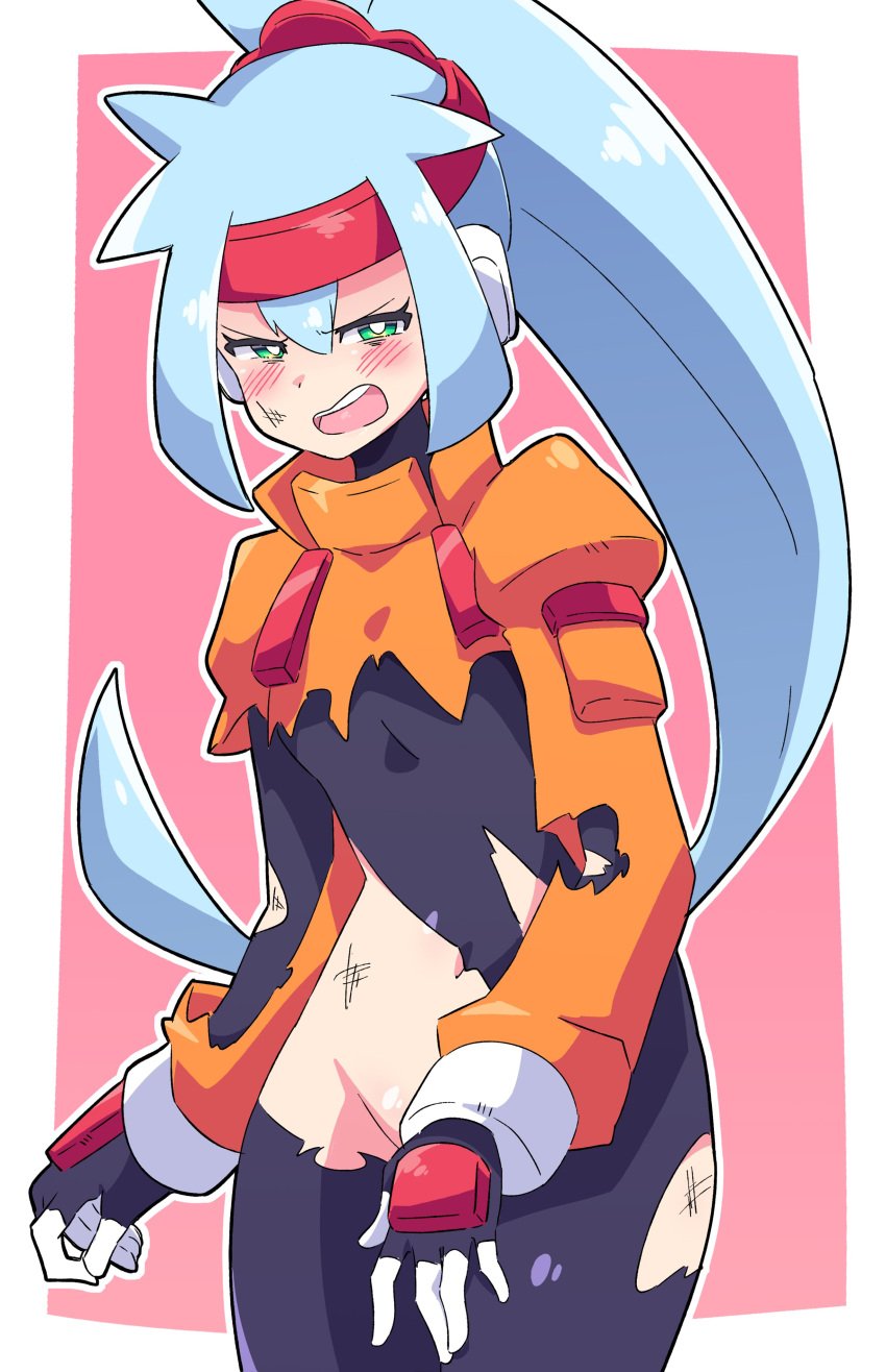 ashe_(megaman_zx) bodysuit buzzlyears covering_crotch mega_man mega_man_zx_advent ponytail torn_bodysuit torn_clothes