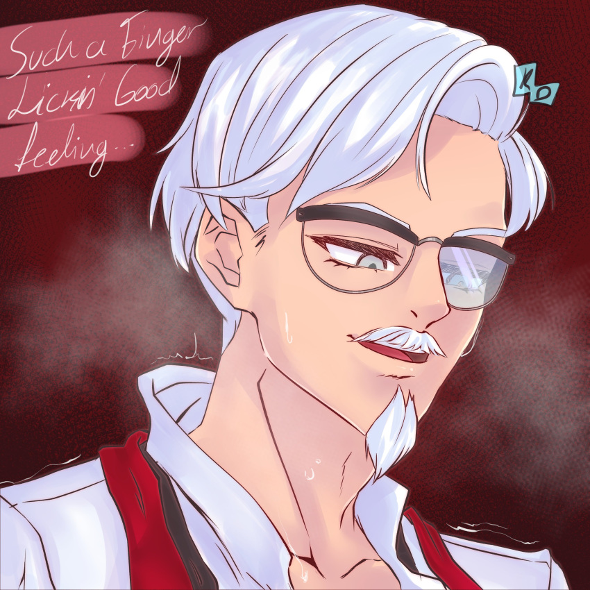 2023 2d 2d_(artwork) clothed clothed_sex colonel_sanders dialogue facial_hair glasses i_love_you_colonel_sanders kadaryo kfc looking_down male_focus male_only moustache solo_male steam sweat text white_hair