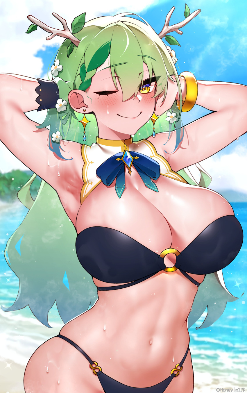 1girls armpit armpit_fetish beach beautifull big_breasts bikini blush ceres_fauna clothed ear_piercing earrings eyelashes female female_only green_hair hololive hololive_english hololive_english_-council- hololive_english_-promise- honeylm27k huge_breasts navel outside panties standing sweat sweatdrop sweaty_armpits swimsuit thick_thighs tummy virtual_youtuber wide_hips yellow_eyes