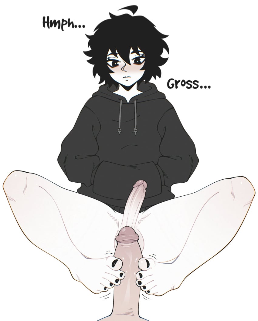 2boys black_eyes black_hair black_hoodie black_nails bro_aniki cock cute_male dick doomer_boy feet femboy foot_fetish footjob hands_in_pockets hoodie motion_lines open_mouth penis penis_size_difference tagme text yaoi