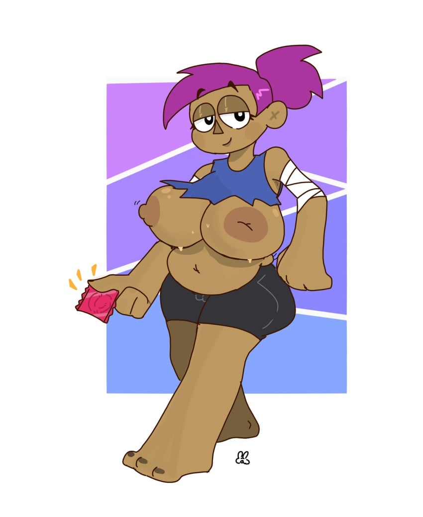 areolae big_belly big_breasts boobs breasts condom condom_in_hand dark-skinned_female dark_skin enid errorplush feet looking_at_viewer nipples ok_k.o.!_let's_be_heroes ponytail purple_hair shorts tummy