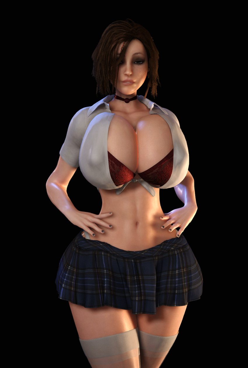 1girls 3d 3d_(artwork) alternate_breast_size biting_lip biting_own_lip bra breasts breasts_bigger_than_head brown_hair bulletstorm choker electronic_arts epic_games female female_only female_solo flirting_look gigantic_breasts hands_on_hips hands_on_own_hips hourglass_figure huge_breasts human human_female human_only human_solo jeanette_voerman_(cosplay) miniskirt nipple_bulge people_can_fly red_bra red_choker short_skirt skirt solo solo_female thighhighs thighs thin_waist trishka_novak vaako vampire_the_masquerade vampire_the_masquerade_bloodlines wasp_waist wide_hips world_of_darkness