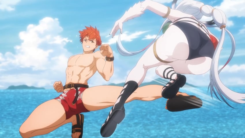 1boy 1girls ass atelier_(series) atelier_ryza atelier_ryza_ever_darkness_&amp;_the_secret_hideout_the_animation holding_object large_ass lila_decyrus muscular_male screencap swimsuit thick_thighs thighs white_hair