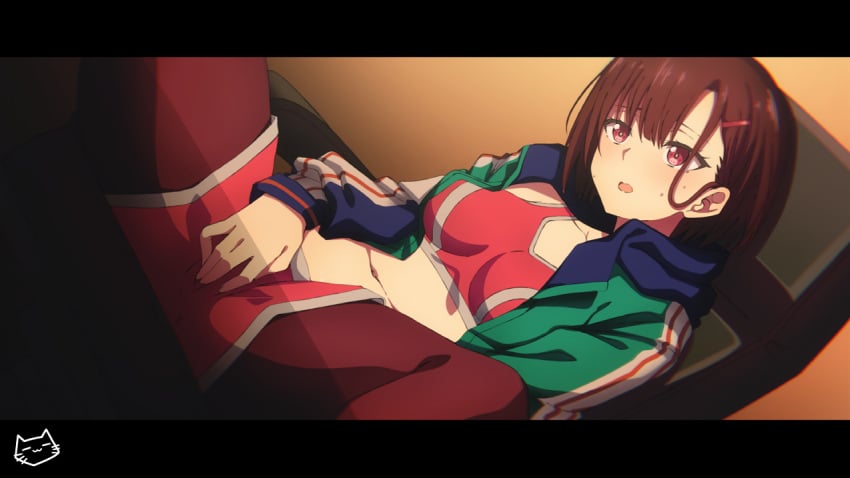 anime_coloring blue_jacket chair collared_jacket double_vertical_stripe dutch_angle female female_masturbation fingering fingering_self gaming_chair green_jacket hair_behind_ear hair_ornament hairclip indoors jacket keihh leggings leggings_under_shorts letterboxed long_sleeves looking_down masturbation masturbation_through_clothes medium_breasts midriff mikazuki_shizuka multicolored_clothes multicolored_jacket navel open_clothes open_jacket open_mouth paid_reward_available pink_shorts pink_sports_bra purple_eyes purple_hair purple_leggings shade short_hair shorts sitting small_breasts solo sports_bra sportswear spread_legs sweatdrop swivel_chair track_jacket zom_100_zombie_ni_naru_made_ni_shitai_100_no_koto