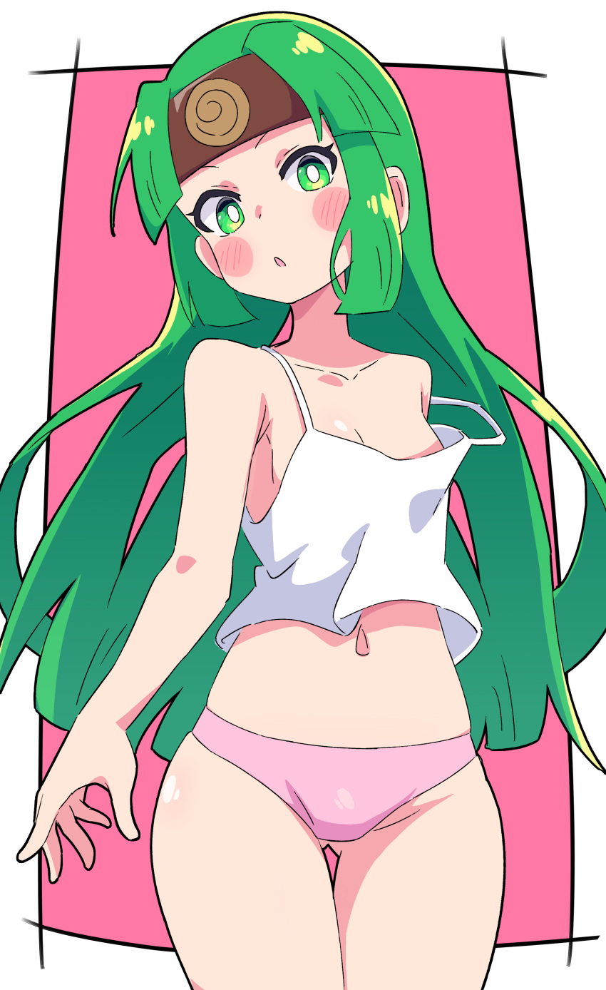 blush buzzlyears green_hair headband mega_man mega_man_battle_network panties sal_(mega_man) saroma tank_top