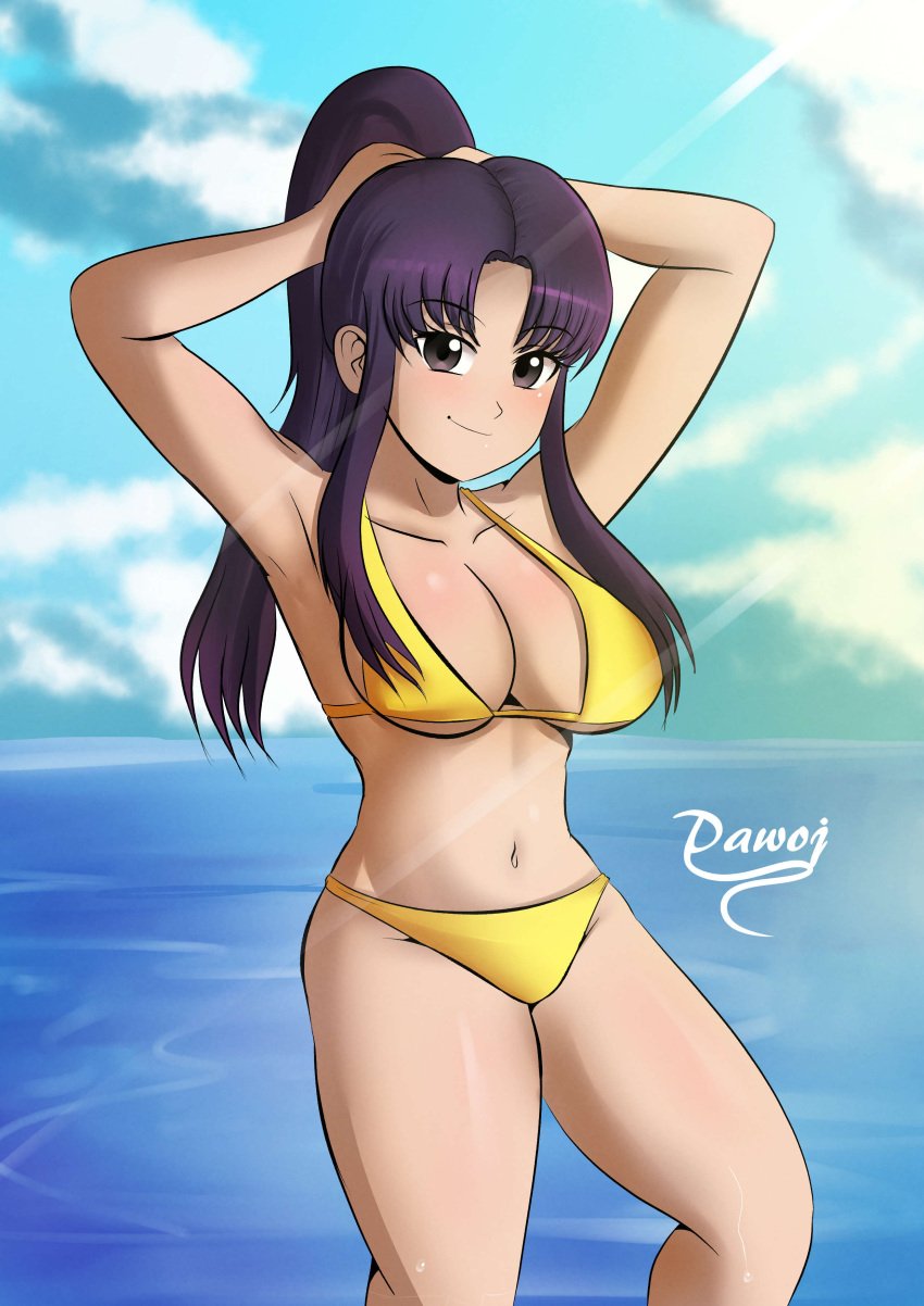 1girls armpits arms_behind_head big_breasts bikini breasts brown_eyes busty cleavage highres katsuragi_misato large_breasts legs long_hair looking_at_viewer mature mature_female mature_woman misato_katsuragi navel neon_genesis_evangelion ocean ponytail pose posing purple_hair sensual sexy_armpits smile solo swimsuit thighs water yellow_bikini