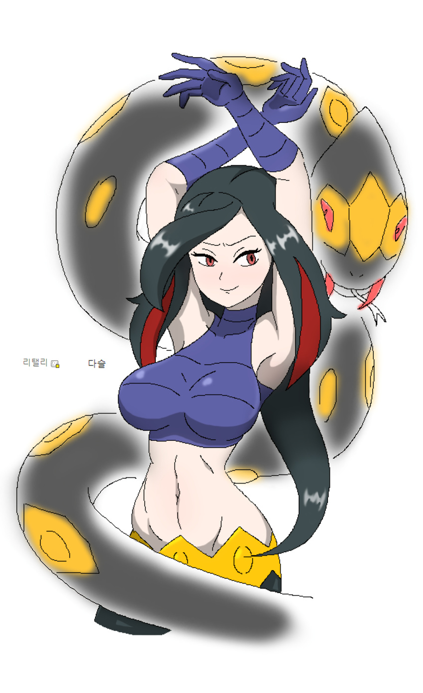 1girls armpits arms_behind_head big_breasts black_hair breasts busty curvy female fortunia_(pokémon) gloves habunake highres large_breasts long_hair lucy_(pokemon) midriff navel nintendo oekaki pants pokemon pokemon_(game) pokemon_(species) pokemon_rse pose posing red_eyes sensual seviper sexy_armpits smile waagh!!_(artist) wide_hips