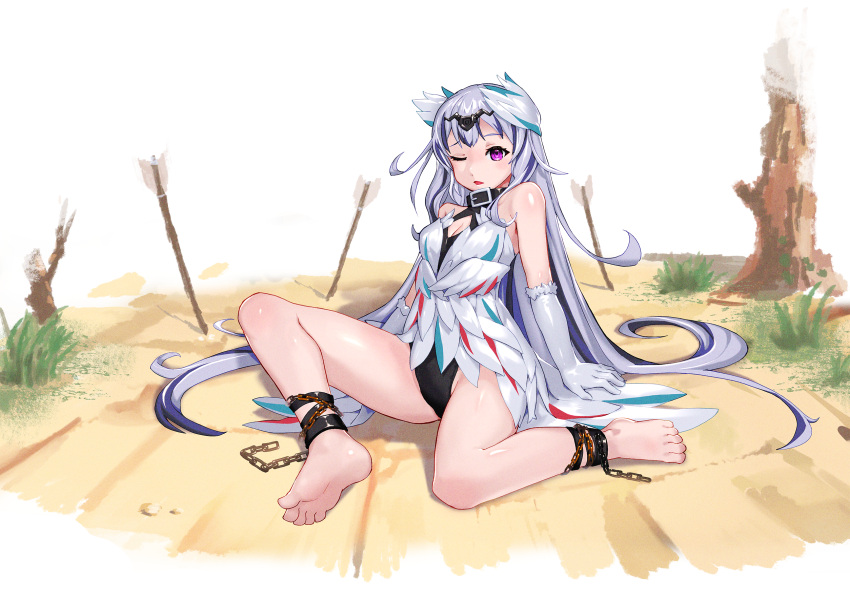 1girls bare_legs bare_shoulders barefoot black_choker black_hair bluesnail blush breasts choker dress feather_dress feather_hair_ornament feathers feet female female female_only fire_emblem fire_emblem_engage full_body grey_hair hair_ornament highres legs leotard long_hair looking_at_viewer multicolored_hair nintendo one_eye_closed petite purple_eyes small_breasts soles solo split-color_hair toes two-tone_hair very_long_hair veyle_(fire_emblem) wavy_hair