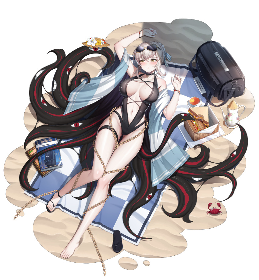 absurdres anger_vein arm_up barefoot black_one-piece_swimsuit blush bracelet breasts brown_eyes chains choker counter:side crab edel_meitner eyewear_on_head female flip-flops full_body gluteal_fold grey_hair highres huge_filesize jewelry large_breasts lying machine-g.a.p. navel official_alternate_costume official_art on_back one-piece_swimsuit parted_lips picnic_basket sand sandals sandwiched shoe_removed shoes shoes_removed short_hair single_shoe solo sunglasses swimsuit tentacle thigh_strap transparent_background