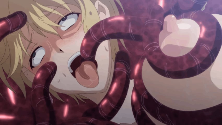 1girls animated animated_gif anime_screencap big_breasts blonde_hair female gif human nipple_teasing ova rakuen_shinshoku_island_of_the_dead screenshot tentacle tentacle_around_breasts tentacles tongue_out