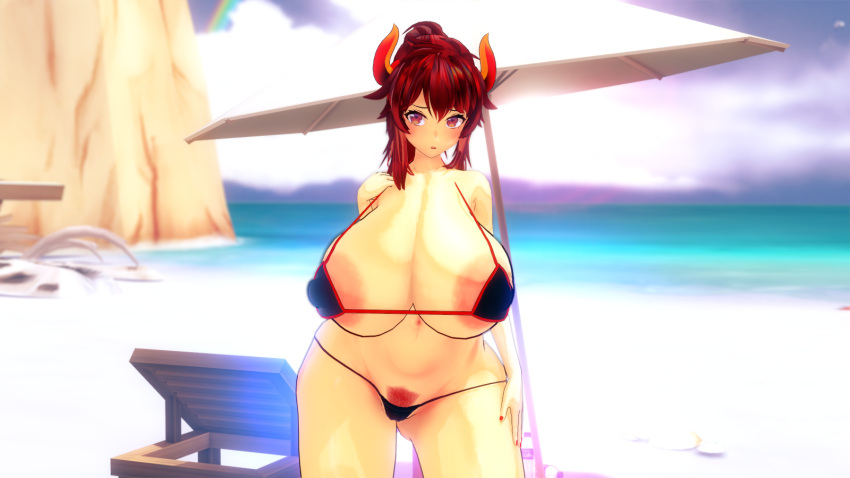 3d areolae beach chubby chubby_female curvy dola_(nijisanji) dragon_girl dragon_horns huge_breasts koikatsu micro_bikini milf nijisanji ponytail pubic_hair red_eyes red_hair thick_hips thick_thighs tight_bikini virtual_youtuber