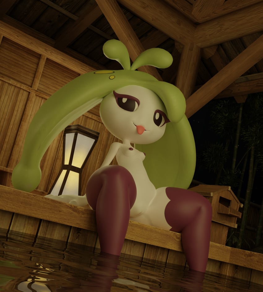 1girls 3d 3d_(artwork) absurd_res anthro bedroom_eyes blender blender_(software) blep clothing eyelashes female female_focus female_only flora_fauna green_hair hi_res humanoid leaning_back leggings legwear looking_at_viewer lorded nintendo nipples nude pear_shaped pink_labia_minora pink_nipples plump_labia pokemon pokemon_(species) presenting presenting_pussy pussy red_eyelashes red_eyes short_stack shortstack sitting small_breasts solo spread_legs steenee thick_thighs thighhighs thighs tongue_out twintails vulva water white_body wide_hips