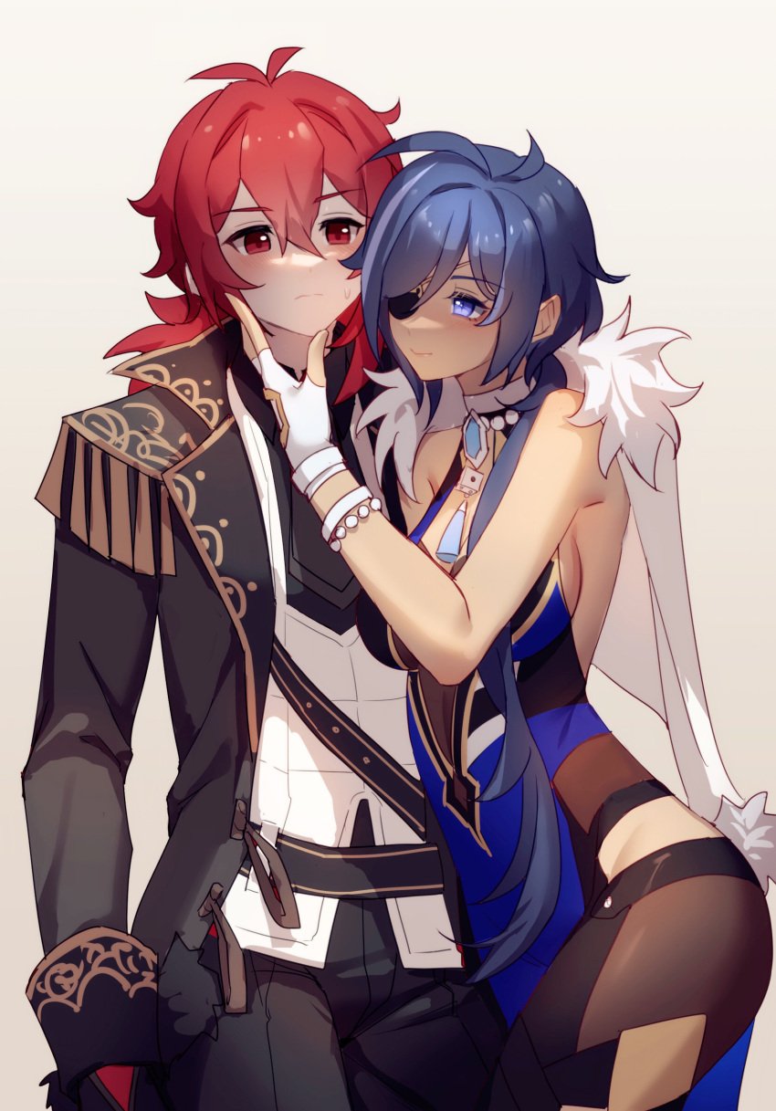 1boy 1girls adoptive_siblings big_breasts blue_eyes blue_hair diluc_(genshin_impact) eye_patch eyepatch face_grab female finger_on_chin genderswap_(mtf) genshin_impact holding_face incest kaeya_(genshin_impact) leaning_on_person male red_eyes red_hair rule_63 sabakuyoru sfw skin_tight tight_clothing yelan_(genshin_impact) yelan_(genshin_impact)_(cosplay)