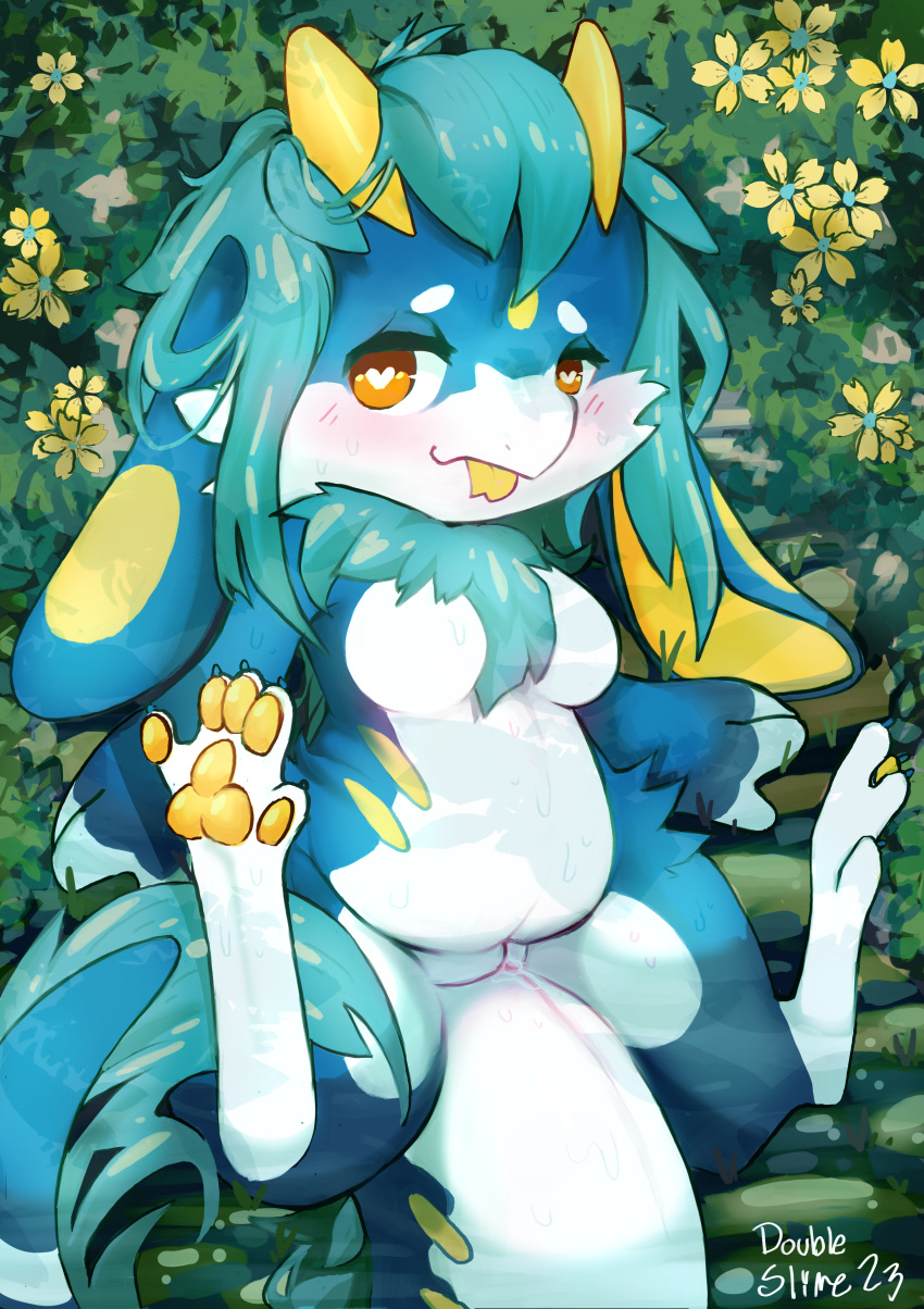 <3_eyes absurd_res anthro blue_body blue_fur blush breasts brown_eyes chubby_female cute_expression detailed_background digital_media_(artwork) double_slime female fur fur_tuft furred_kobold genitals hair heart hi_res horn kemono kobold lemon_(double_slime) looking_at_viewer lying mane markings nude on_back pawpads paws pussy raised_paw semi-anthro slit smile solo tail tongue tuft water white_body white_fur yellow_markings yellow_pawpads